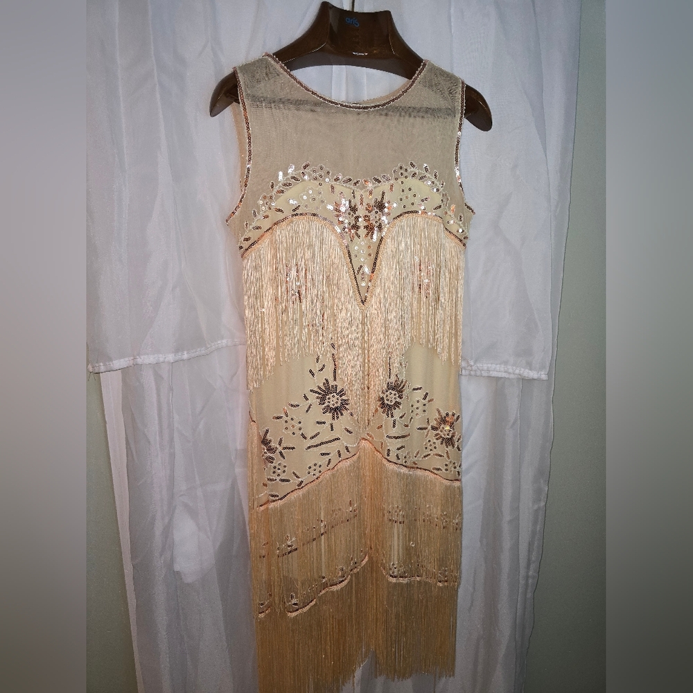 Chic Cream Fringe Dress with Floral Embroidery And Scarf Sweetv XL Party Costume